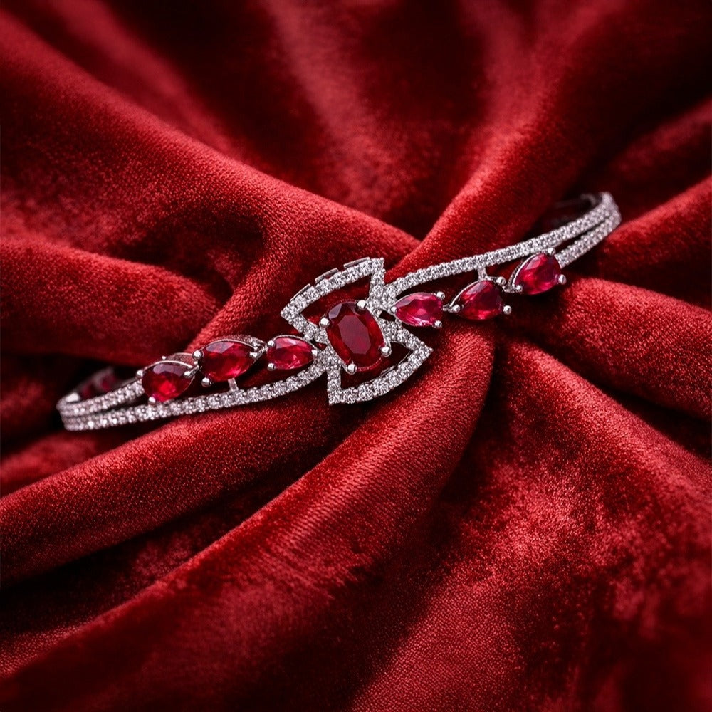 Ruby Red Stone American Diamond Statement Bracelet (Free size)