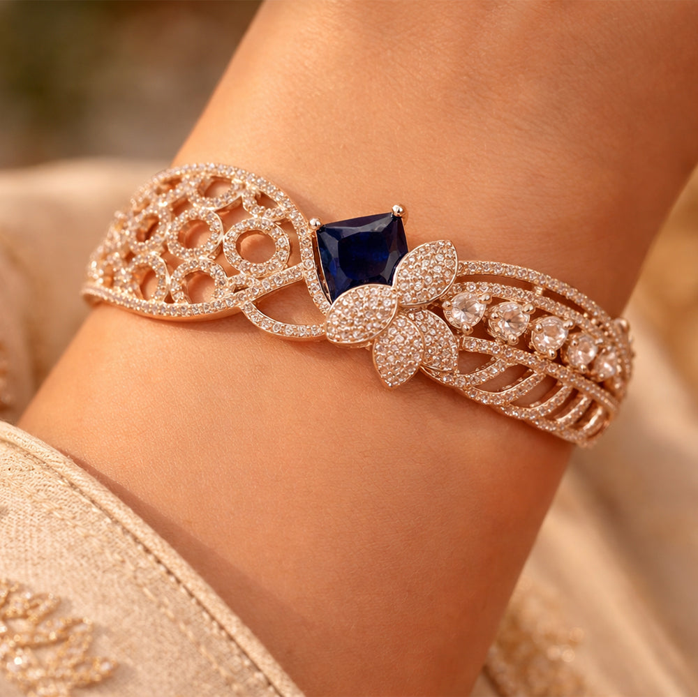 Sapphire-Blue Stone Floral Filigree Bracelet (Free size)