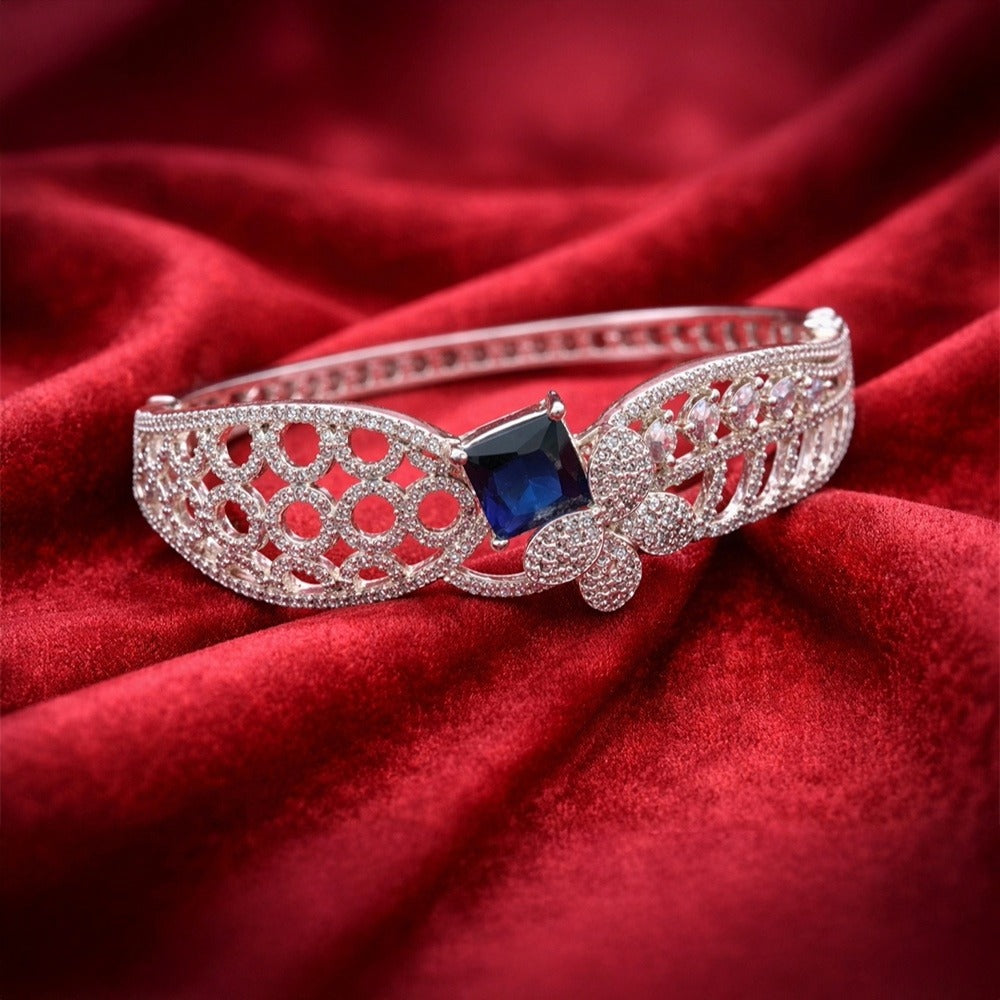 Sapphire-Blue Stone Floral Filigree Bracelet (Free size)