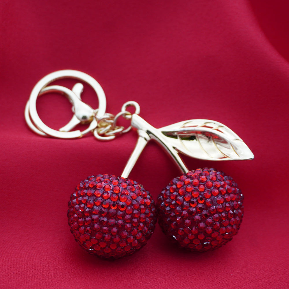Rhinestone Cherry Charm Keyring -  Scarlet Red