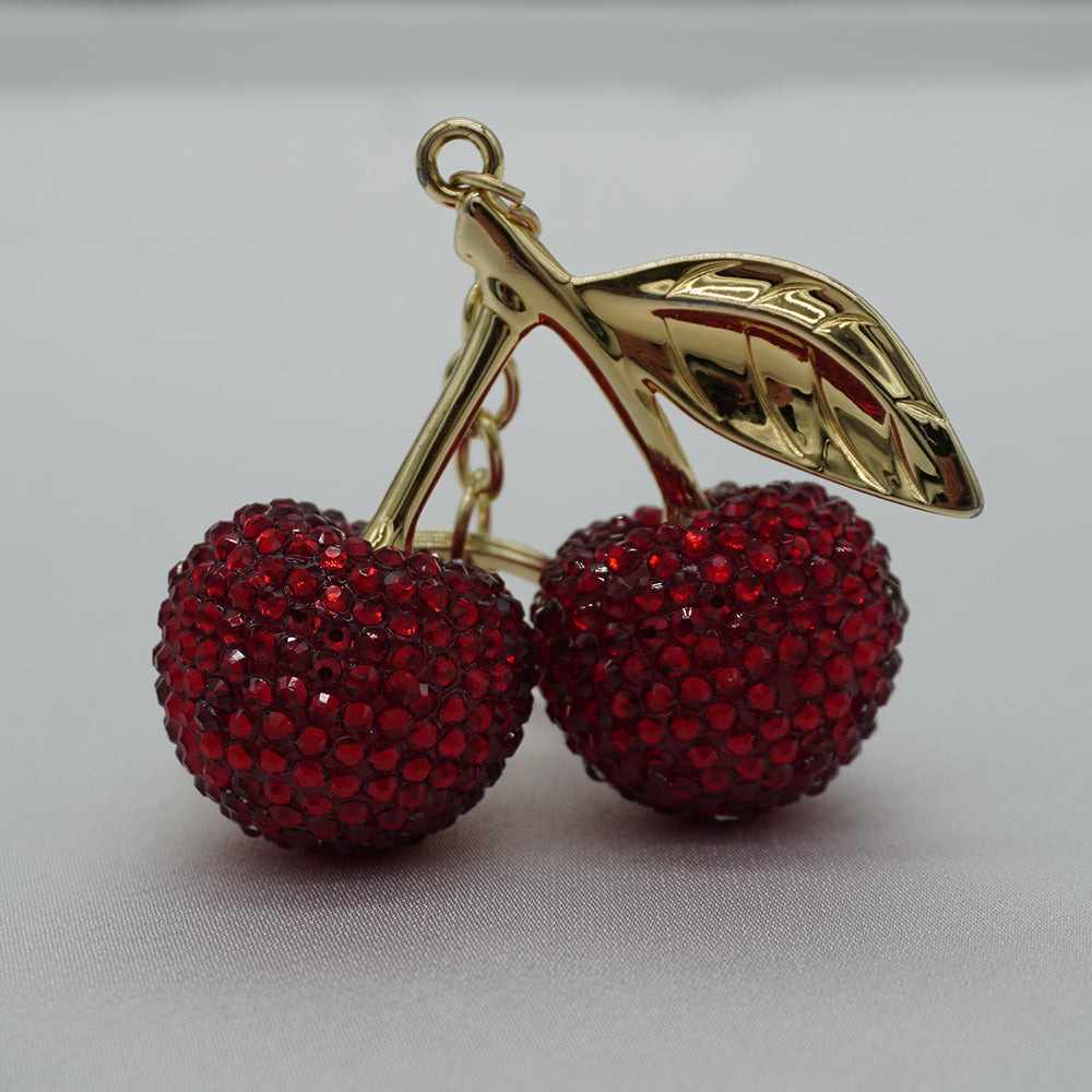 Rhinestone Cherry Charm Keyring -  Scarlet Red