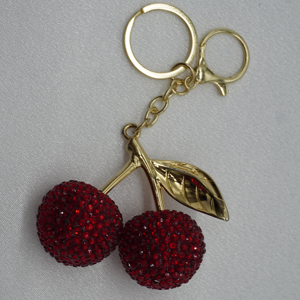 Rhinestone Cherry Charm Keyring -  Scarlet Red