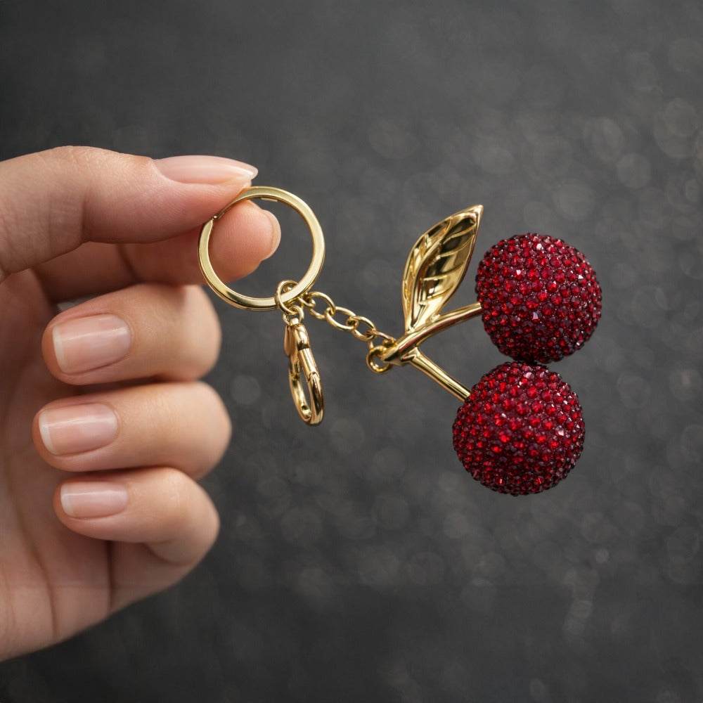 Rhinestone Cherry Charm Keyring -  Scarlet Red