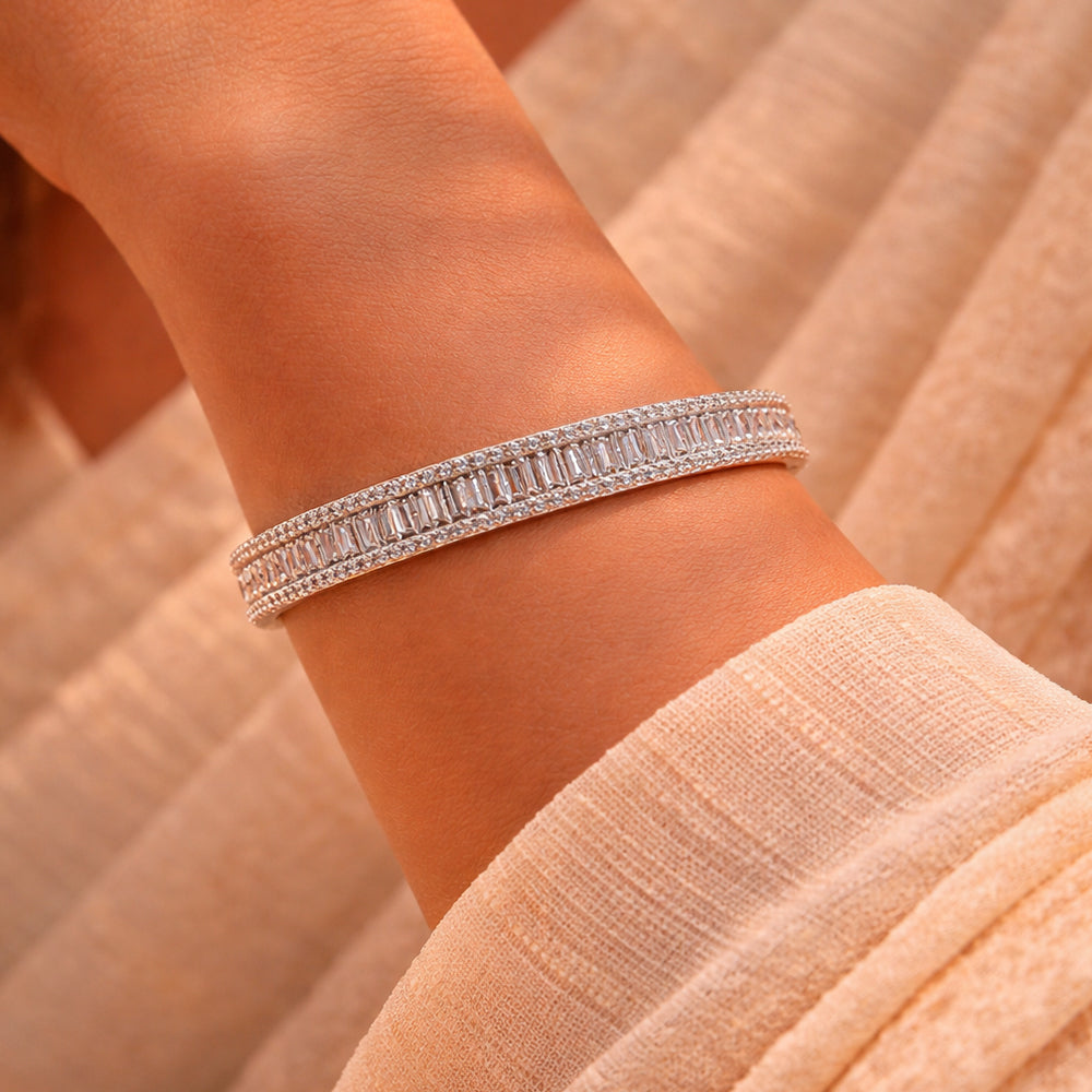 Silver-Tone American Diamond Baguette Tennis Bangle (Free Size)