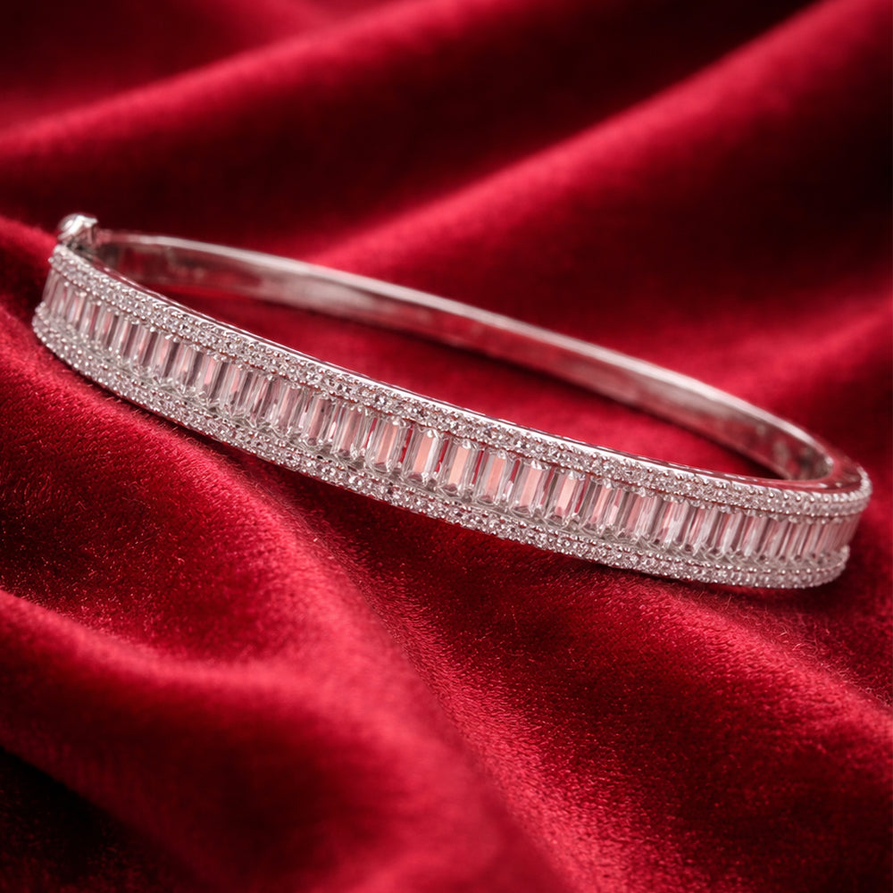Silver-Tone American Diamond Baguette Tennis Bangle (Free Size)