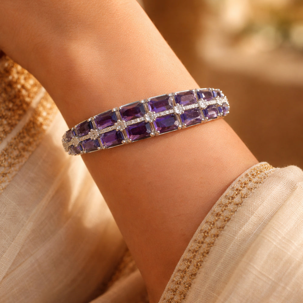 Silver-Tone Light Lavender Rectangular-Cut Statement Bangle (Free Size)