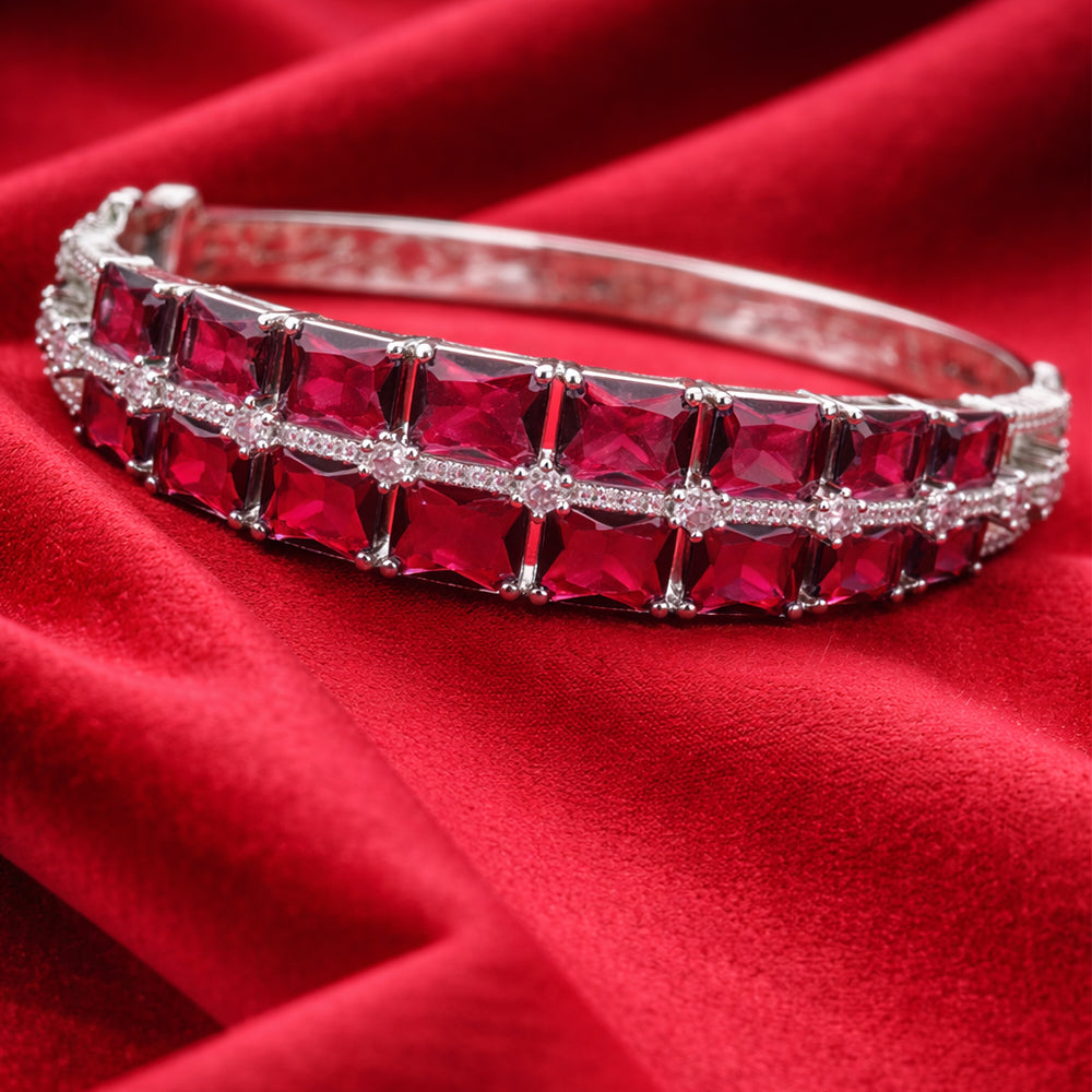 Silver-Tone Light Lavender Rectangular-Cut Statement Bangle (Free Size)