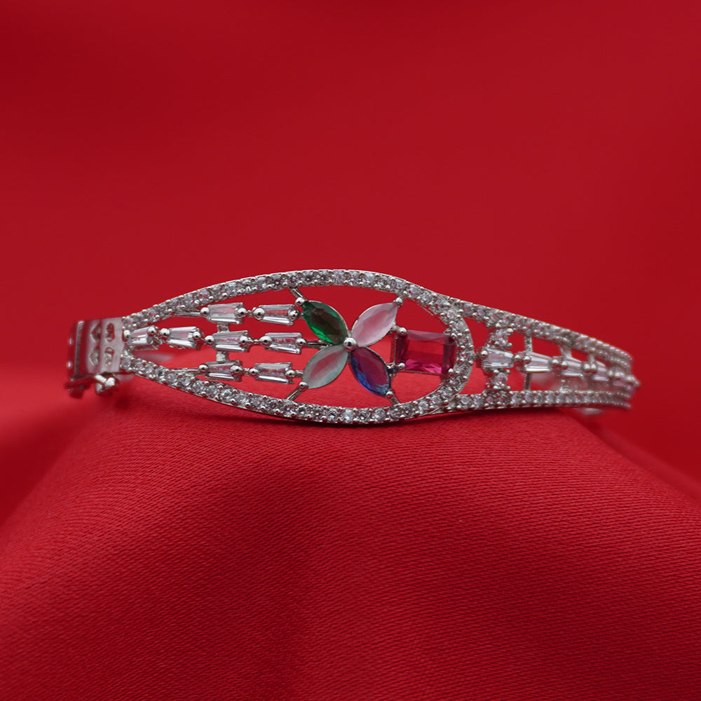 Silver-Tone Statement Bangle with Multicolor Floral Motif Center (Free Size)
