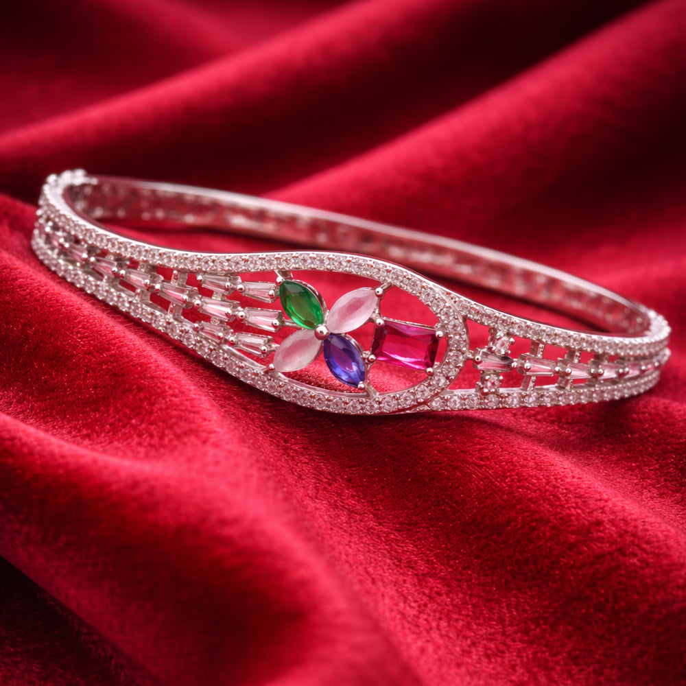 Silver-Tone Statement Bangle with Multicolor Floral Motif Center (Free Size)