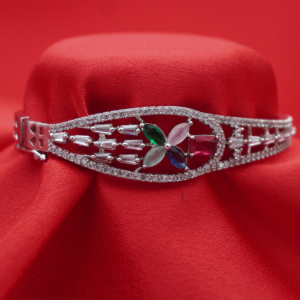Silver-Tone Statement Bangle with Multicolor Floral Motif Center (Free Size)