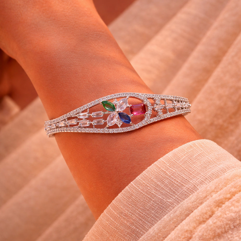 Silver-Tone Statement Bangle with Multicolor Floral Motif Center (Free Size)