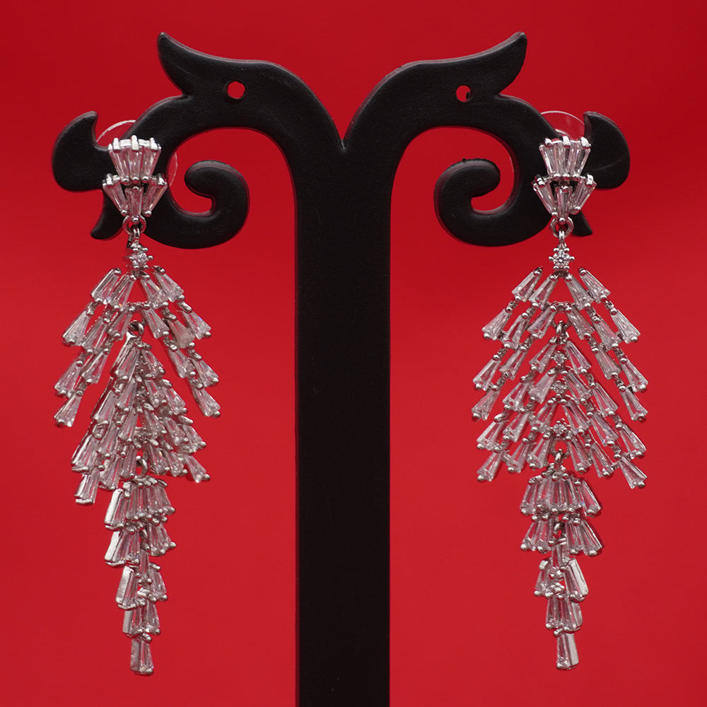 Silver Crystal Cascade Long Earrings – Baguette Drop