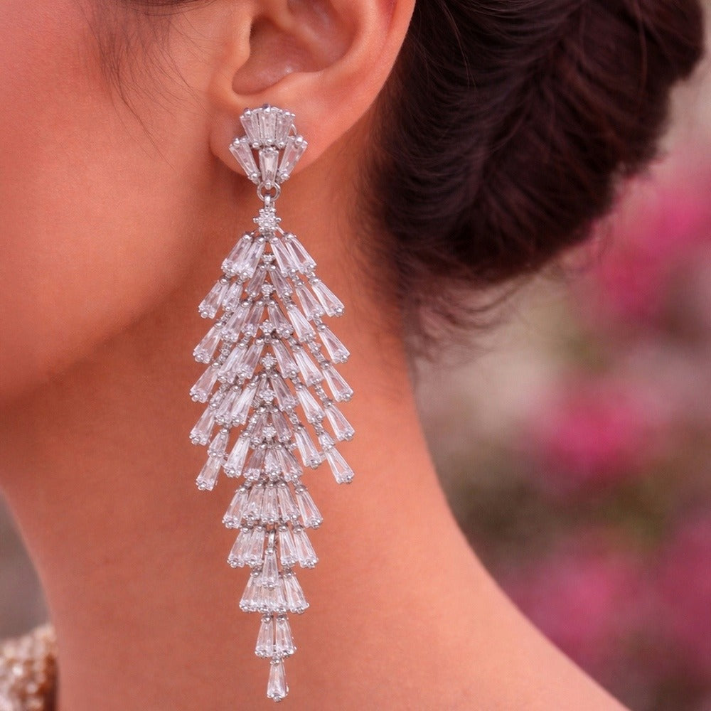 Silver Crystal Cascade Long Earrings – Baguette Drop