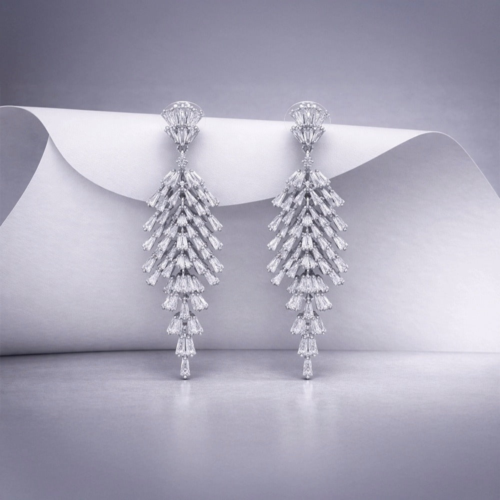 Silver Crystal Cascade Long Earrings – Baguette Drop