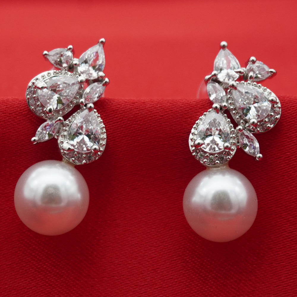 Silver Tone Crystal Floral Pearl Drop Earrings