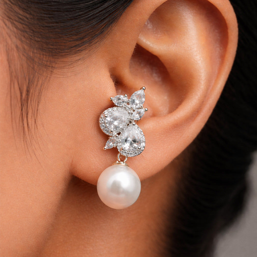 Silver Tone Crystal Floral Pearl Drop Earrings