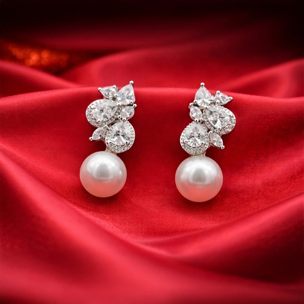Silver Tone Crystal Floral Pearl Drop Earrings