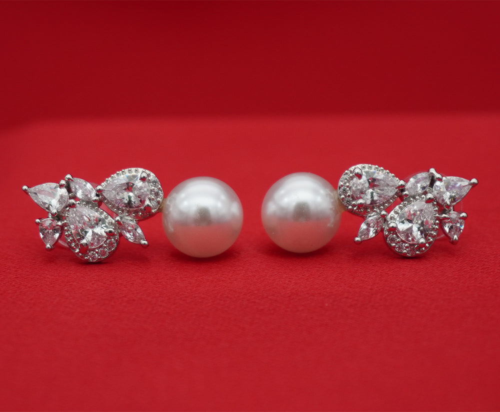 Silver Tone Crystal Floral Pearl Drop Earrings