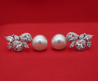 Silver Tone Crystal Floral Pearl Drop Earrings