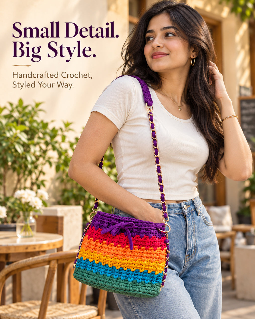 Rainbow Crochet Sling Drawstring Bag