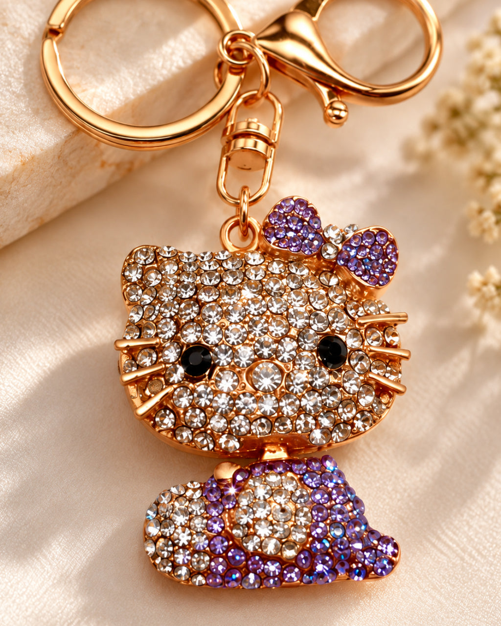 Purple Rhinestone Cat Keychain
