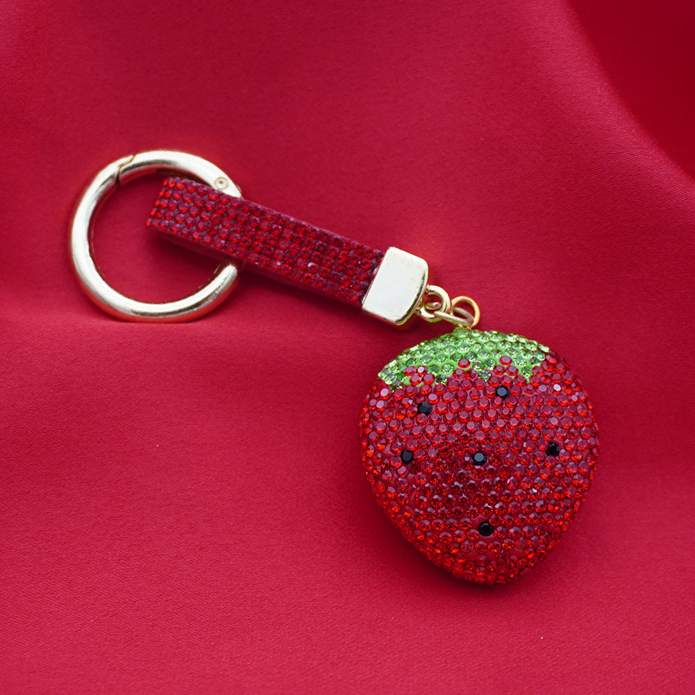 Rhinestone Strawberry Charm Keyring - Red