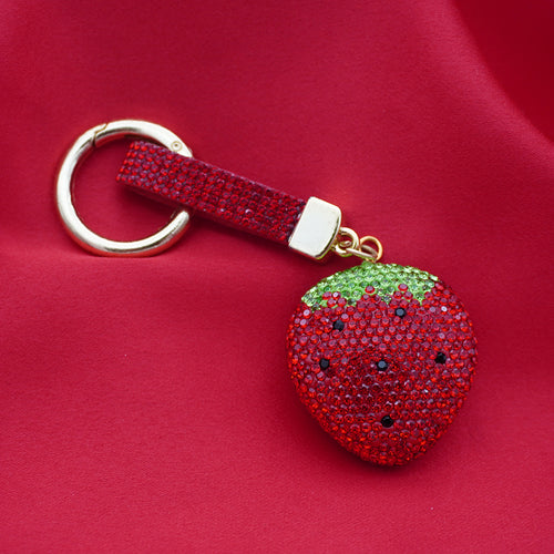 Rhinestone Strawberry Charm Keyring - Red
