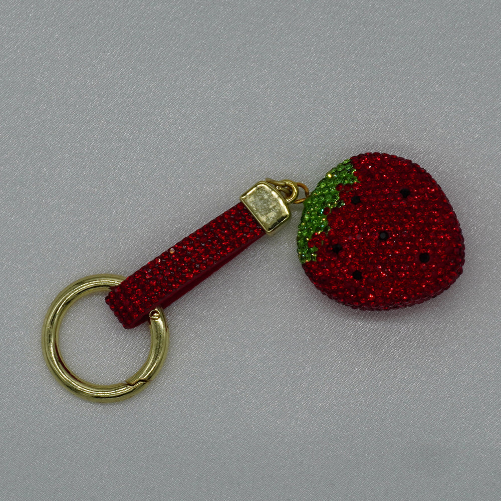 Rhinestone Strawberry Charm Keyring - Red
