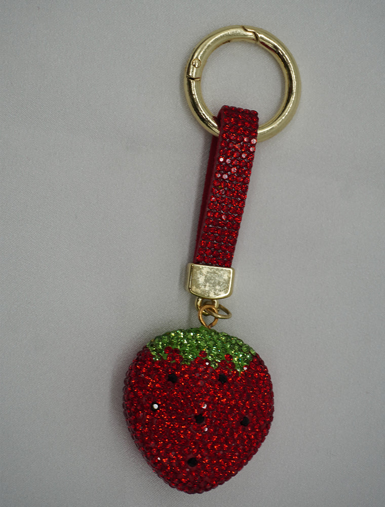 Rhinestone Strawberry Charm Keyring - Red