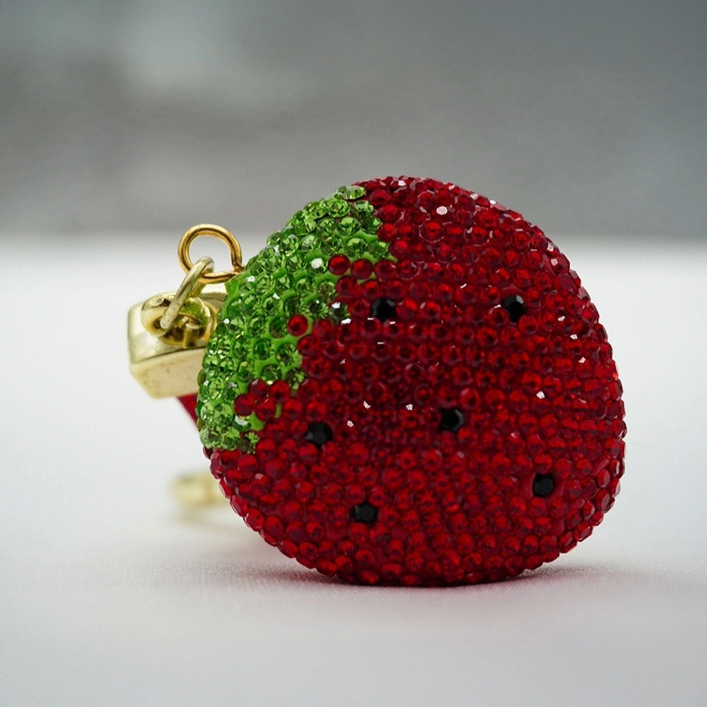Rhinestone Strawberry Charm Keyring - Red