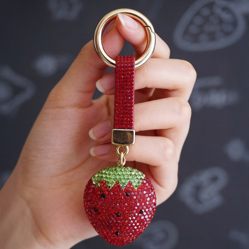 Rhinestone Strawberry Charm Keyring - Red