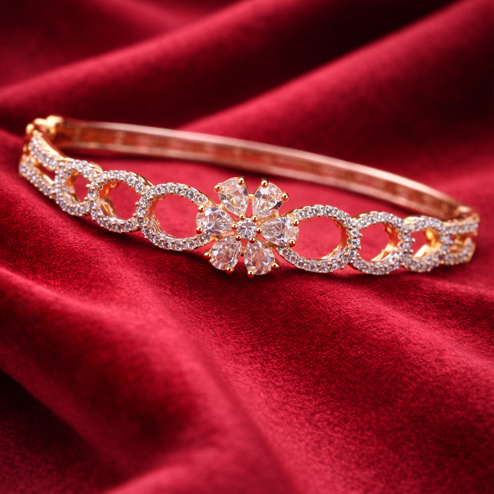 Structured Gold-Tone Bracelet with Floral Motif Center and Diamond-Lined Circles (Free Size)