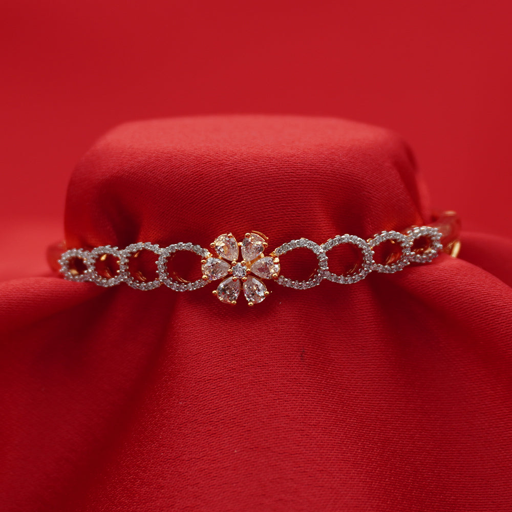 Structured Gold-Tone Bracelet with Floral Motif Center and Diamond-Lined Circles (Free Size)