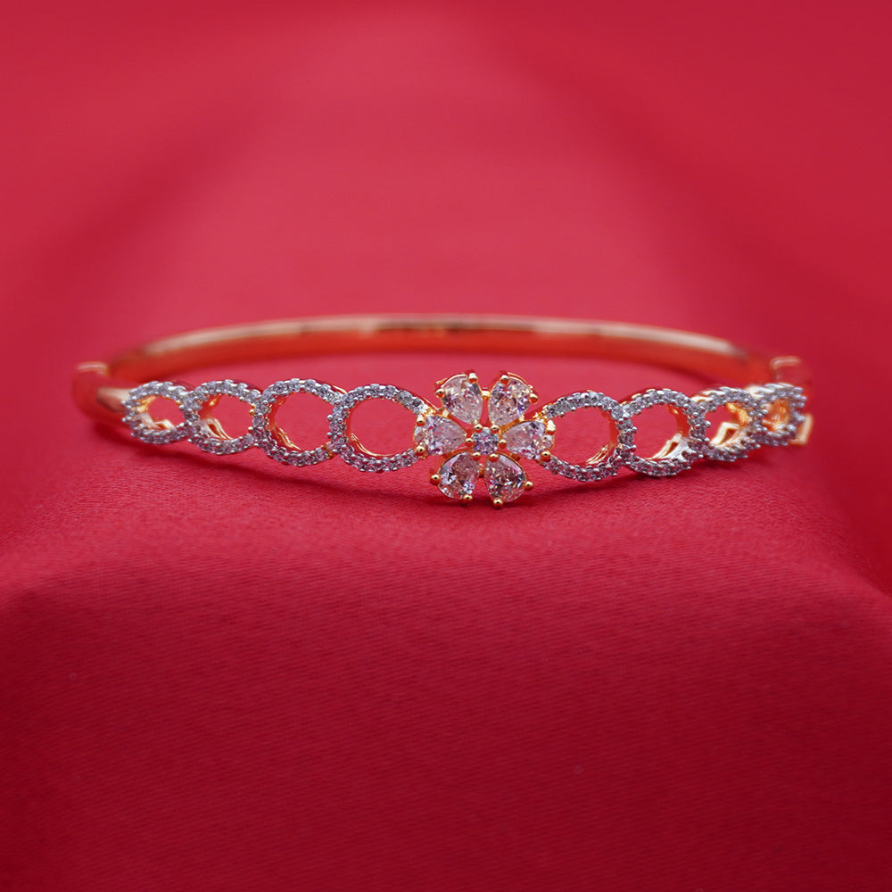 Structured Gold-Tone Bracelet with Floral Motif Center and Diamond-Lined Circles (Free Size)
