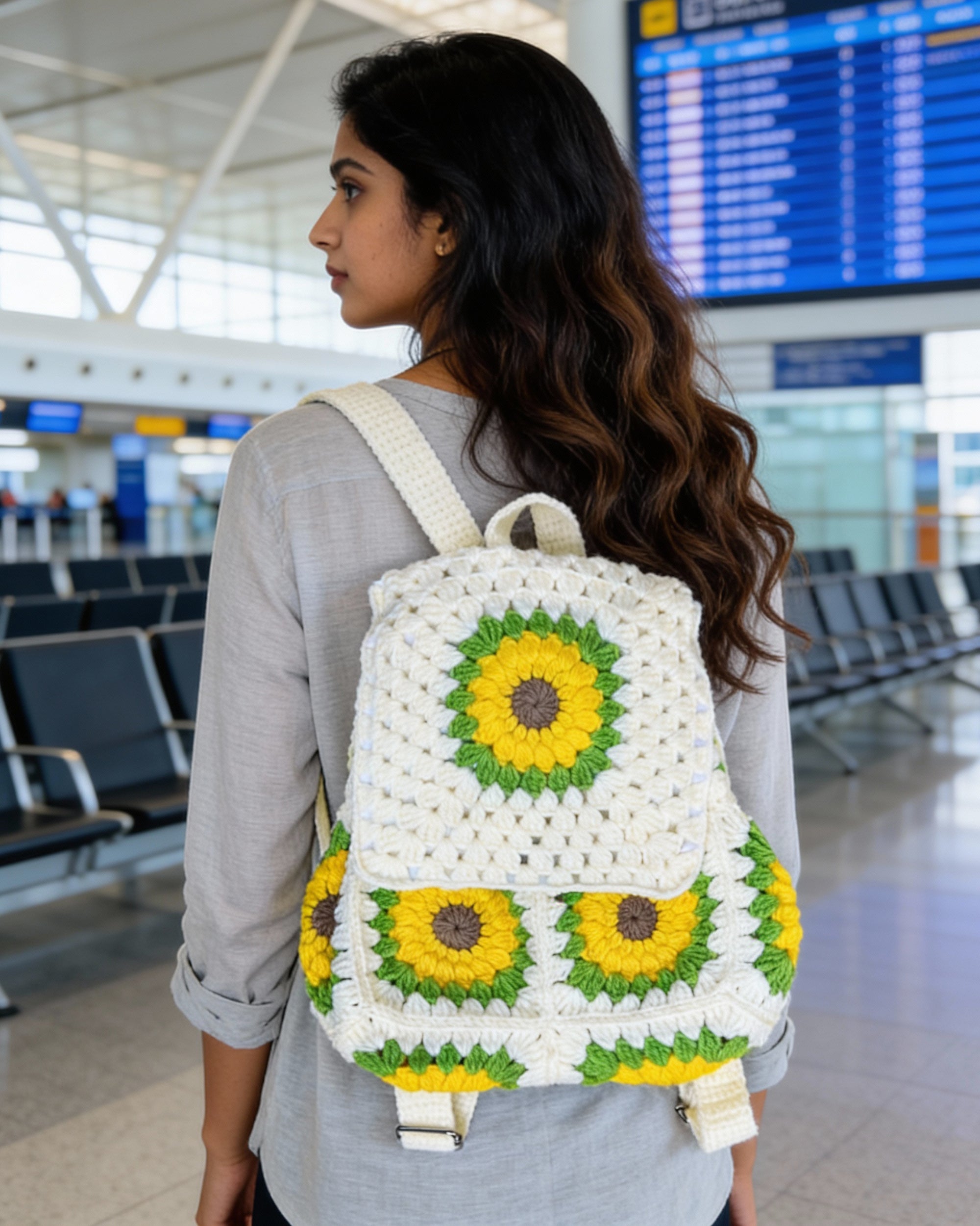 Crochet Backpack Handmade – Sunflower Boho Statement Bag