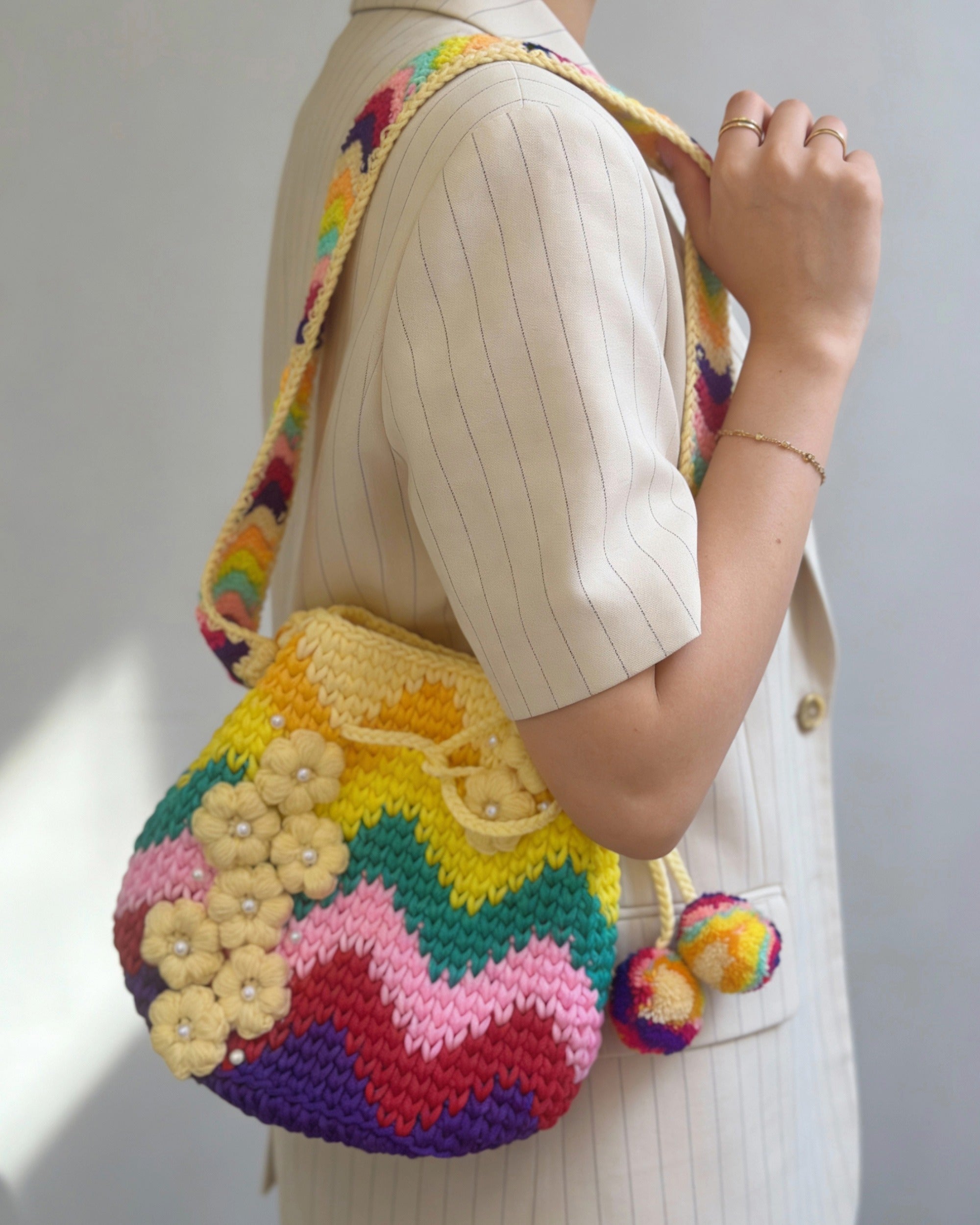 Sunshine Rainbow Crochet Bag – 3D Flower Accents & Pom Charms