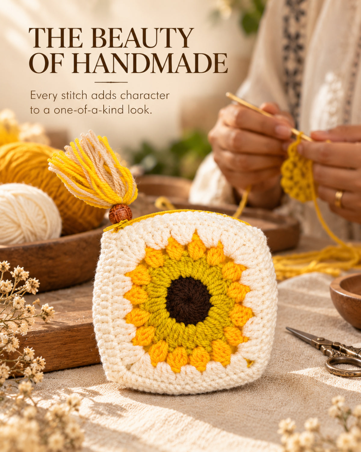 Sunshine Bloom Sunflower Crochet Coin Pouch | Handmade Floral Zipper Mini Purse