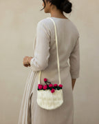 Vanilla Crochet Drawstring Sling Purse – Blush Rose Edition