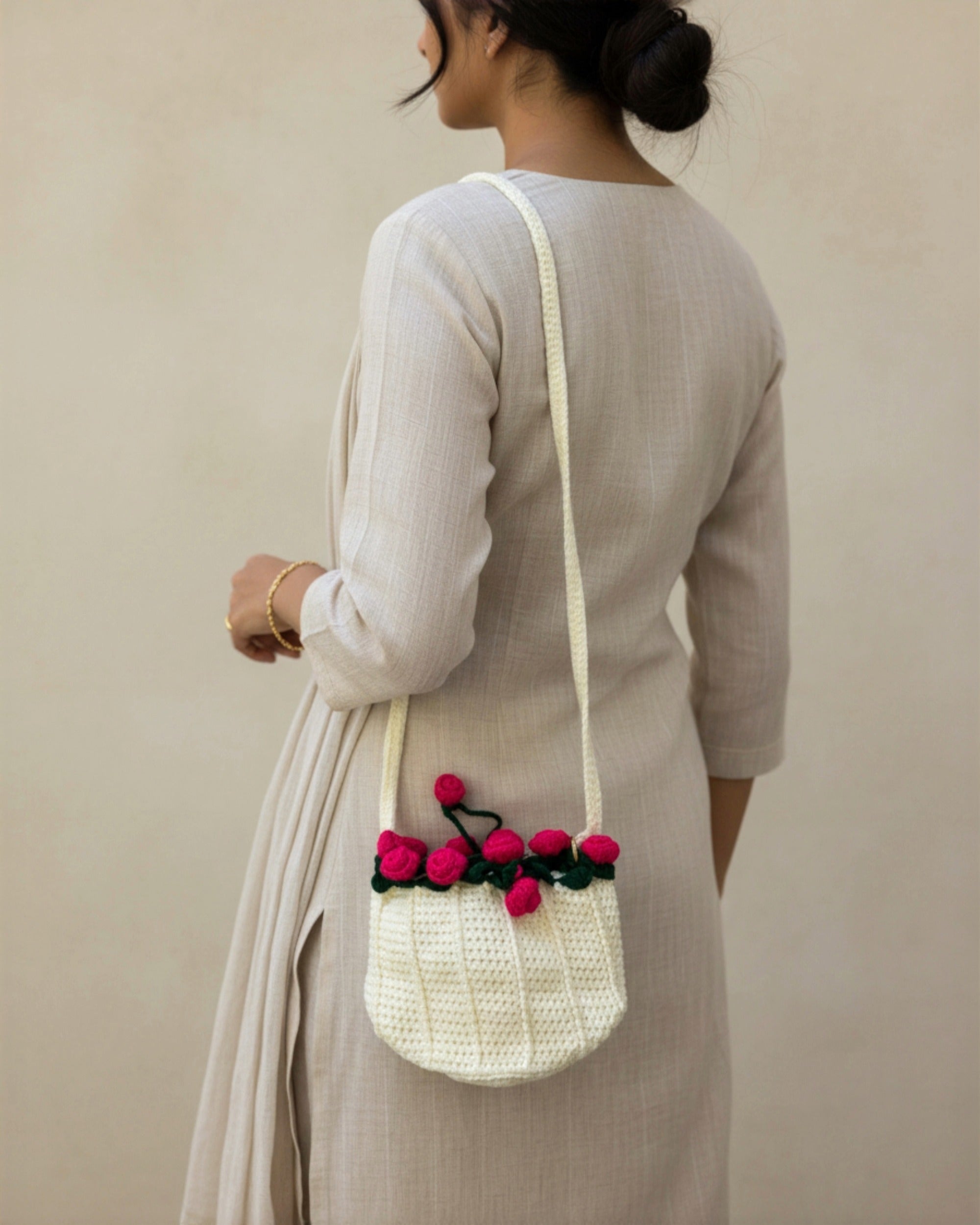 Vanilla Crochet Drawstring Sling Purse – Blush Rose Edition