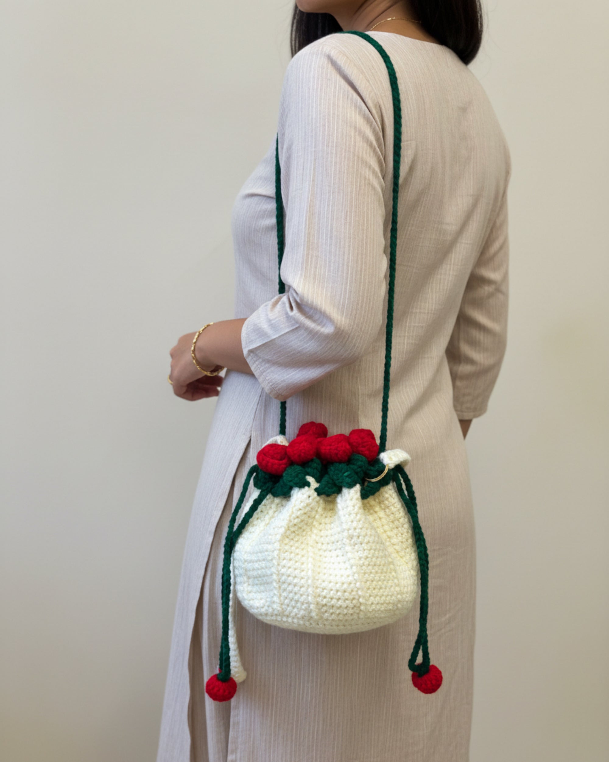 Vanilla Crochet Drawstring Sling Purse – Scarlet Rose Edition