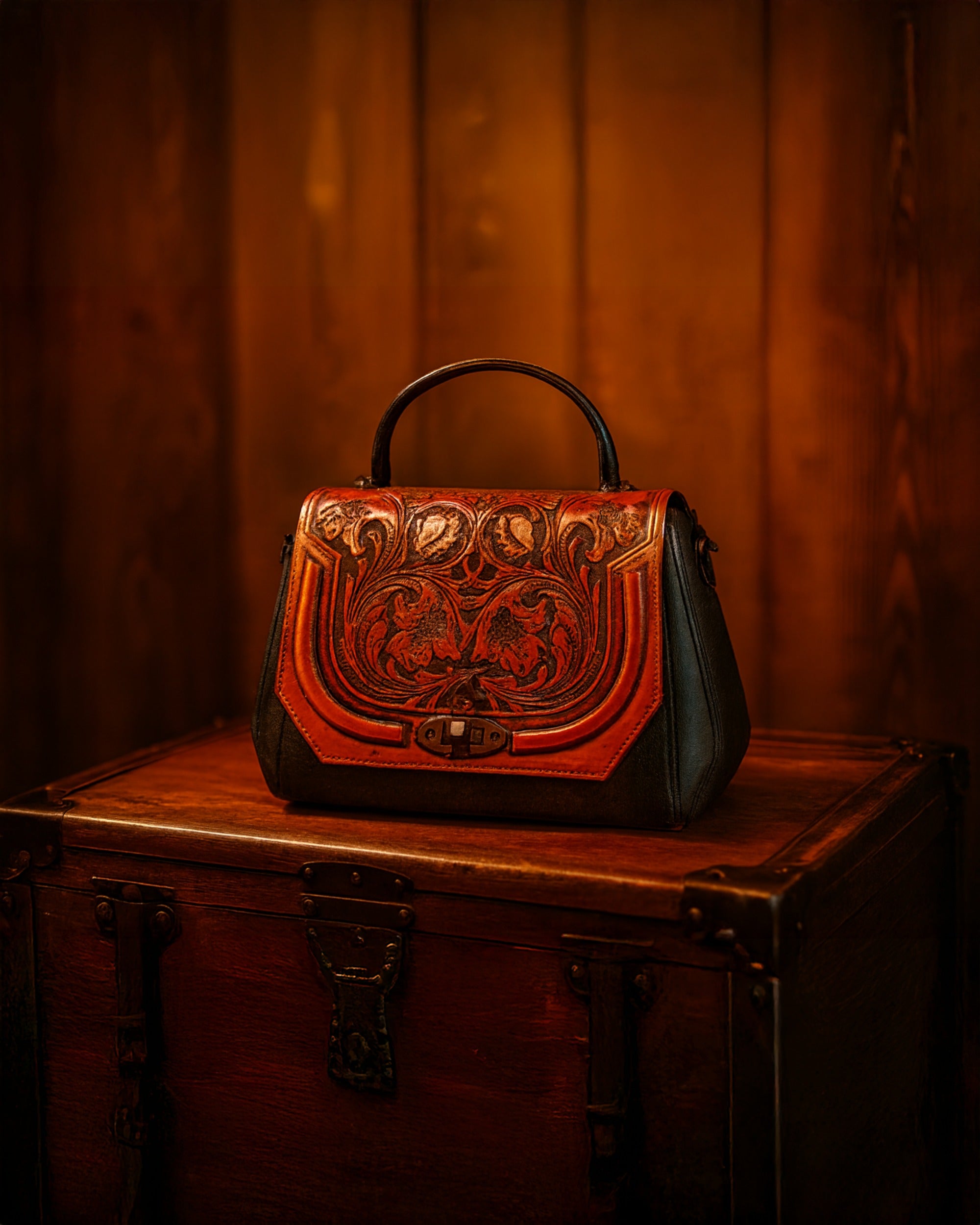 Vintage Noir Satchel – Floral Embossed Leather Flap | Classic Chestnut