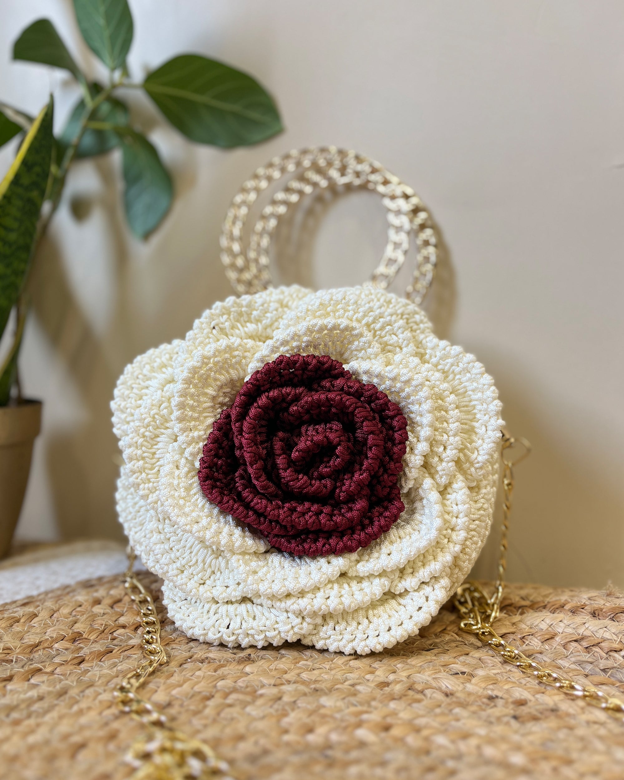 Rosalia Crochet Rose Bag – Handmade 3D Floral Clutch (Ivory & Maroon)