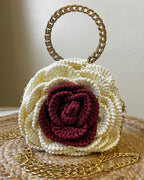 Rosalia Crochet Rose Bag – Handmade 3D Floral Clutch (Ivory & Maroon)