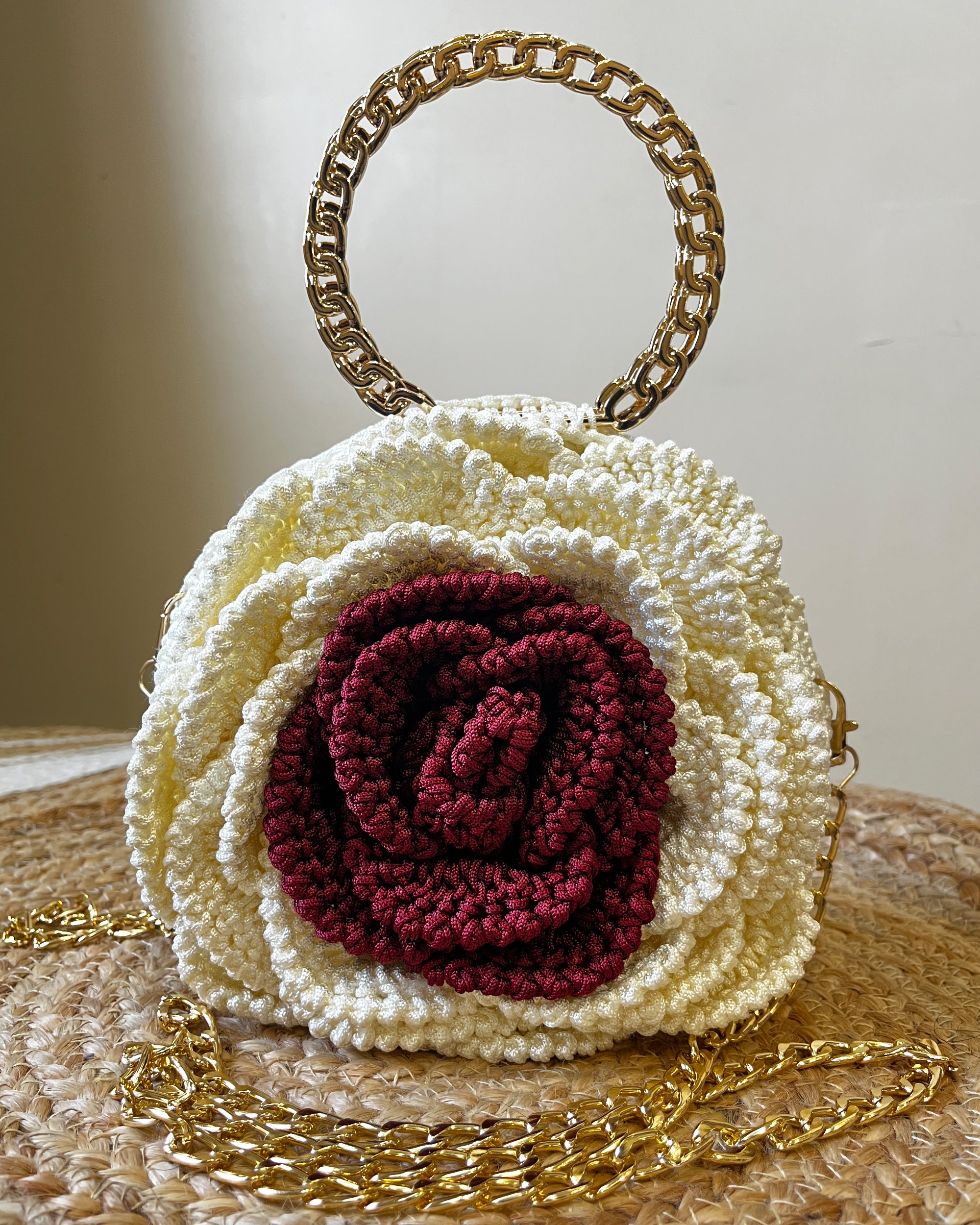 Rosalia Crochet Rose Bag – Handmade 3D Floral Clutch (Ivory & Maroon)