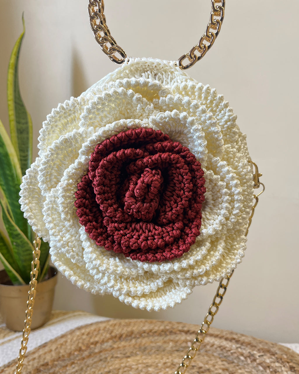 Rosalia Crochet Rose Bag – Handmade 3D Floral Clutch (Ivory & Maroon)