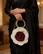 Rosalia Crochet Rose Bag – Handmade 3D Floral Clutch (Ivory & Maroon)