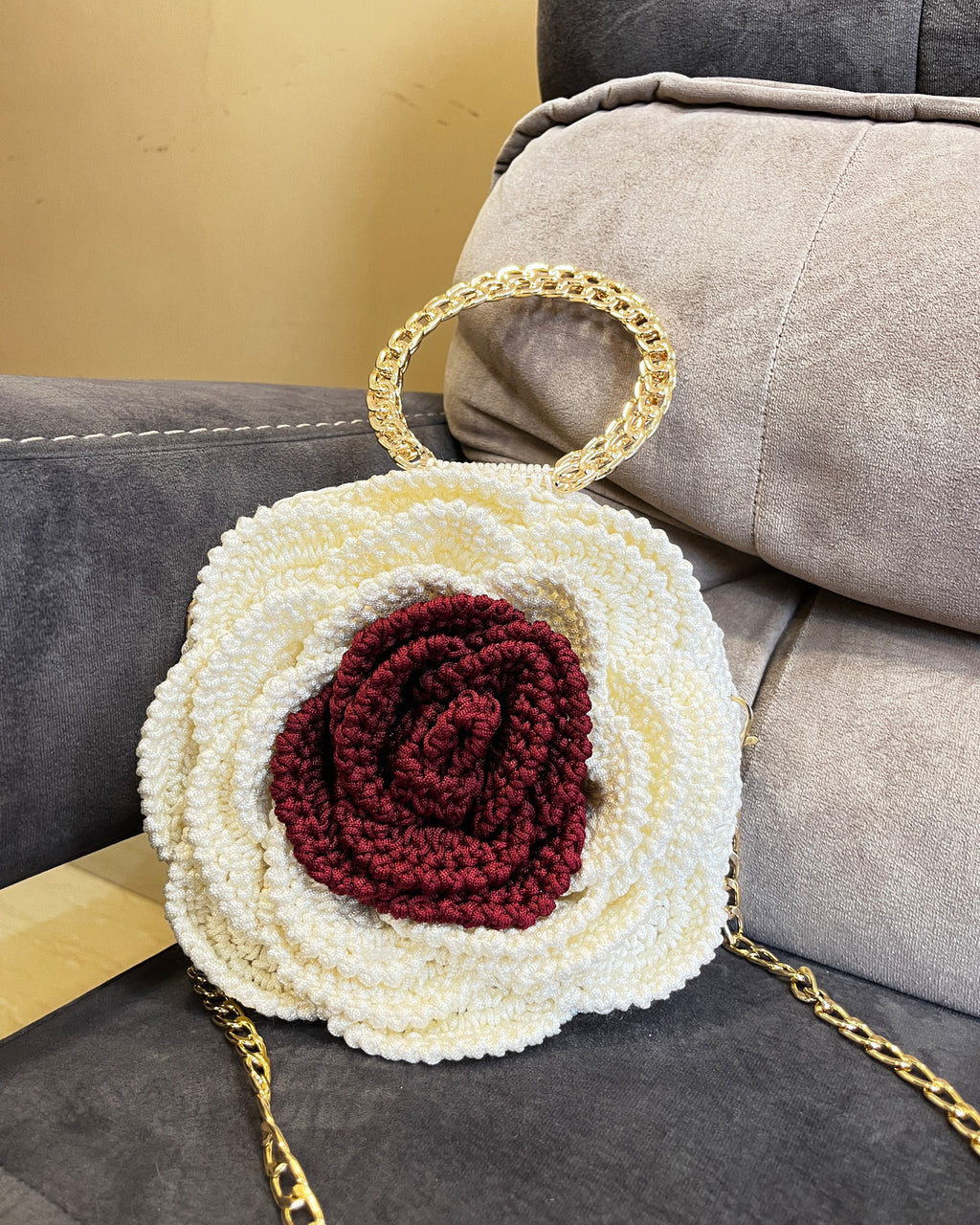 Rosalia Crochet Rose Bag – Handmade 3D Floral Clutch (Ivory & Maroon)