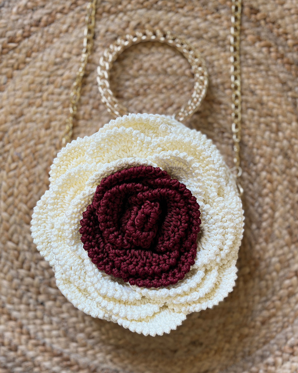 Rosalia Crochet Rose Bag – Handmade 3D Floral Clutch (Ivory & Maroon)