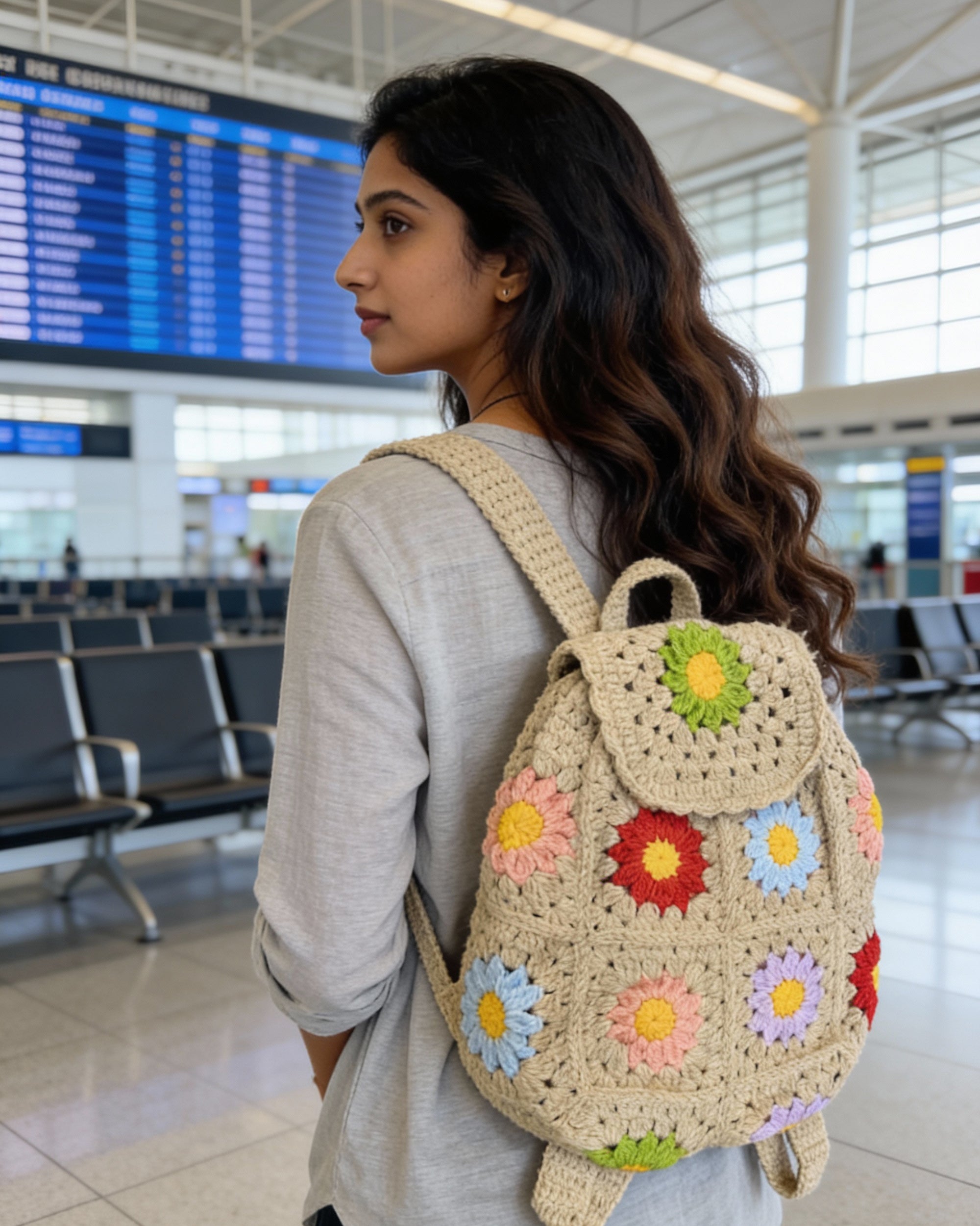 Crochet Backpack Handmade – Beige Floral Boho Statement Bag