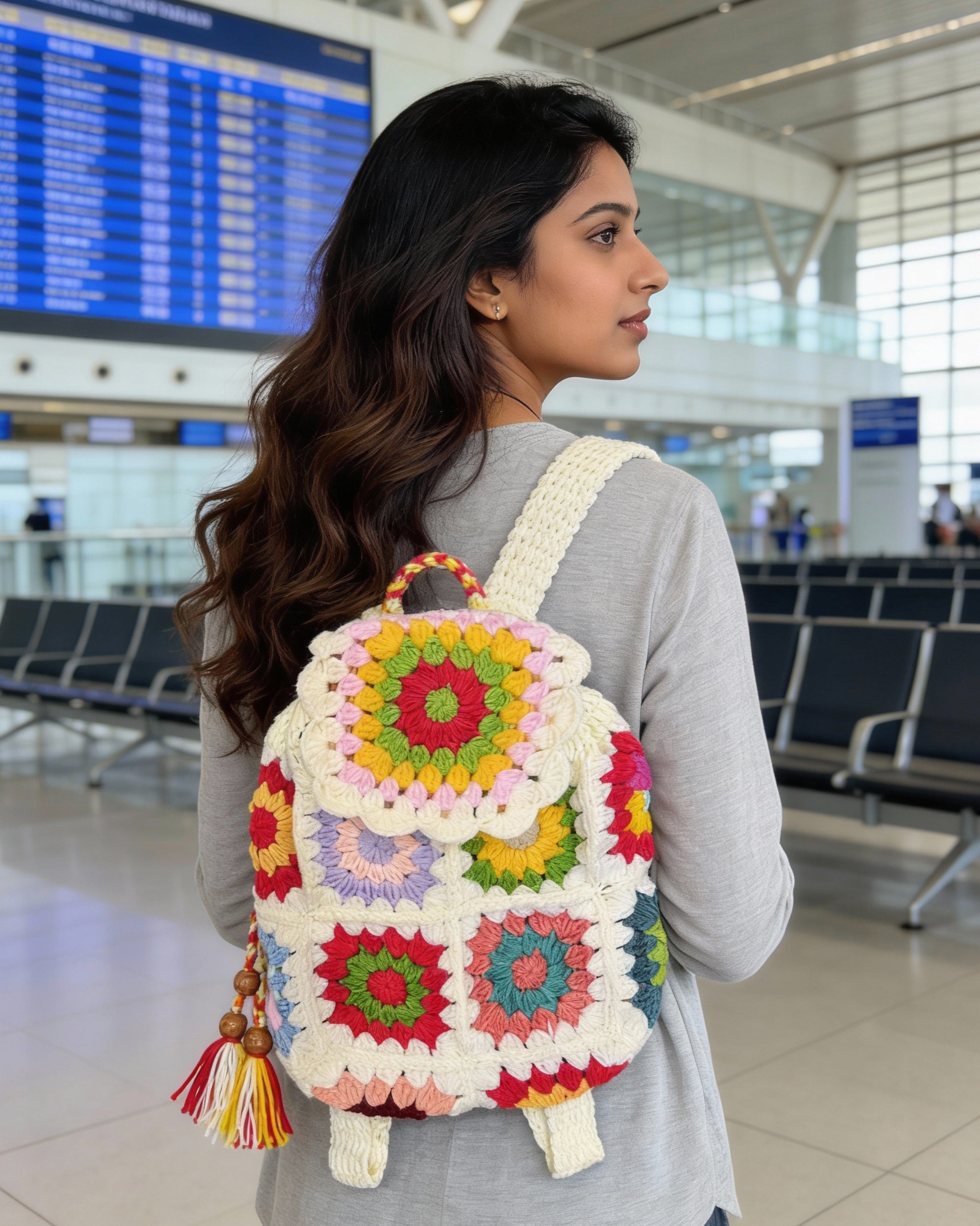 Crochet Backpack Handmade – Cream Floral Boho Statement Bag